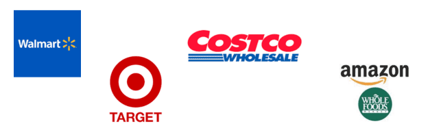 Walmart, Target, Costco and Amazon/Whole Foods logos.