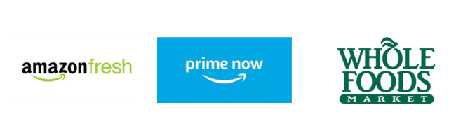 Amazon Fresh, Prime Now and Whole Foods logos.