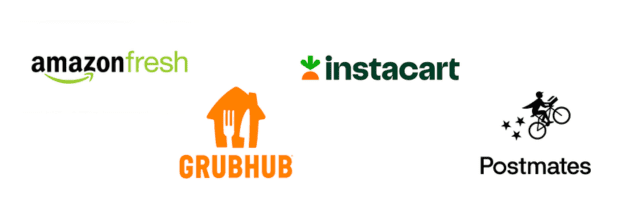 Amazon Fresh, Grubhub, Instacart and Postmates logos.